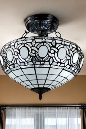 Professional Grade Blue and Black Tiffany Style Two Light Glass Dimmable Semi Flush Ceili