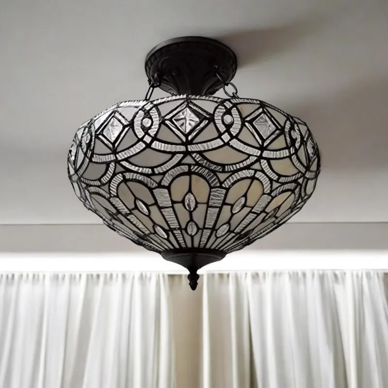 Modern Black and Gray Tiffany Style Two Light Glass Dimmable Semi Flush Ceili