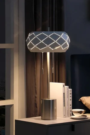 Silver Metal Table Lamp With Geometric Laser Cut Metal Shade By Homero Limited Edition