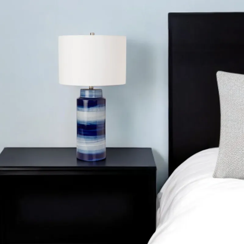 Affordable Set of Two Blue and White Ceramic Cylinder Table Lamps With White Drum