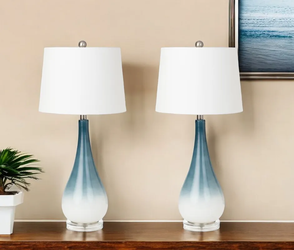 Set of Two Blue and White Glass Table Lamps With White Empire Shade By Place Order