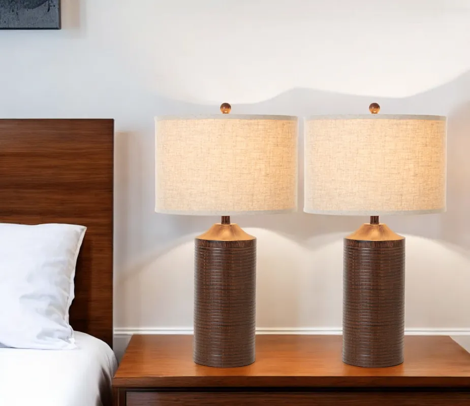 Direct From Factory Set of Two Distressed Brown Table Lamp USB With Beige Drum Shade By Ho