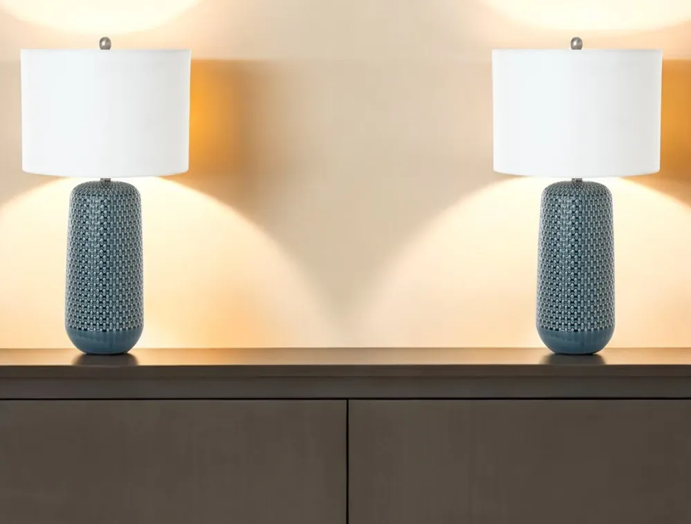 Set of Two Blue Ceramic Geometric Table Lamp With White Drum Shade By Premium
