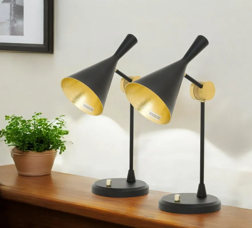 Set of Two Black Metal Geometric Desk Table Lamps With Black and Gold Luxury