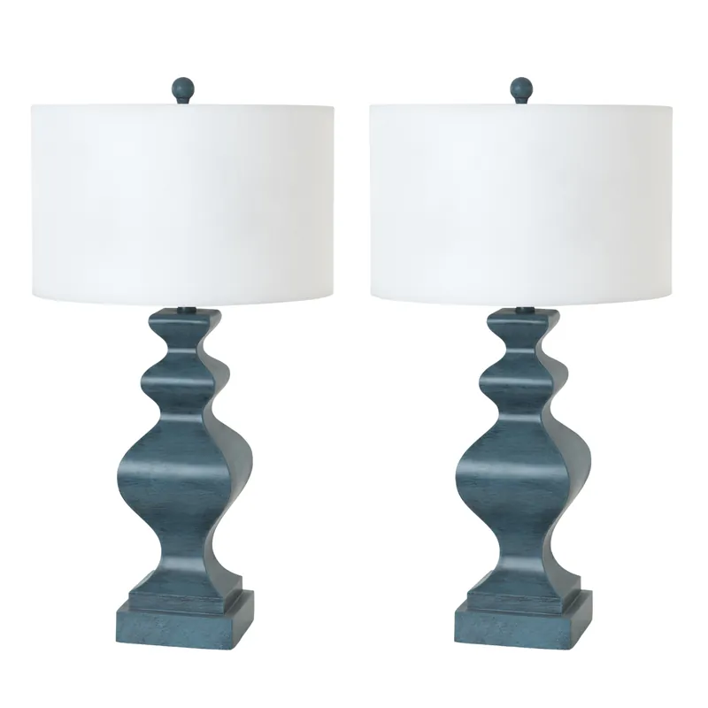 Exclusive Offer Set of Two Distressed Teal Table Lamps With White Drum Shade By Homero