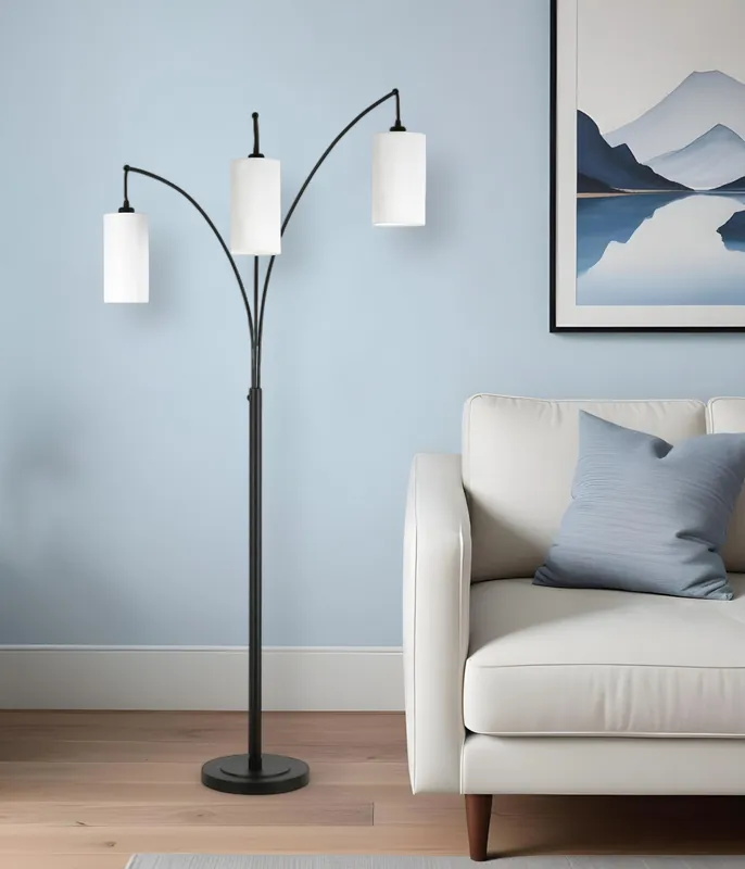 Black Three Light Torchiere Floor Lamp With White Frosted Glass Drum S Next Day Delivery