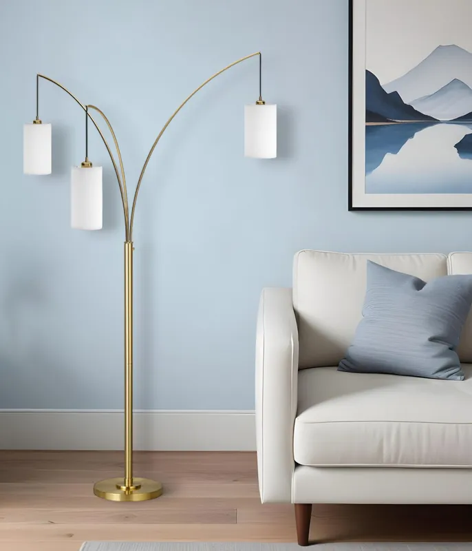 Brass Three Light Tree Floor Lamp With White Frosted Glass Drum Shade Hassle-Free Returns
