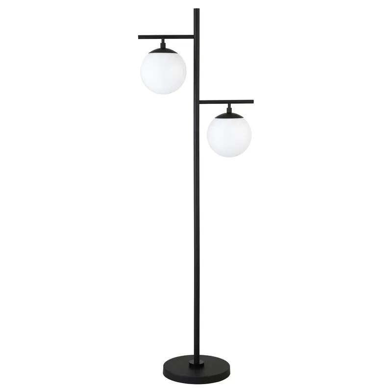 Get Yours Black And White Two Light Tree Floor Lamp With White Glass Globe Shade