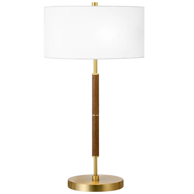 Gold and Oak Metal Two Light Table Lamp With White Drum Shade By Homer Money Back Guarantee