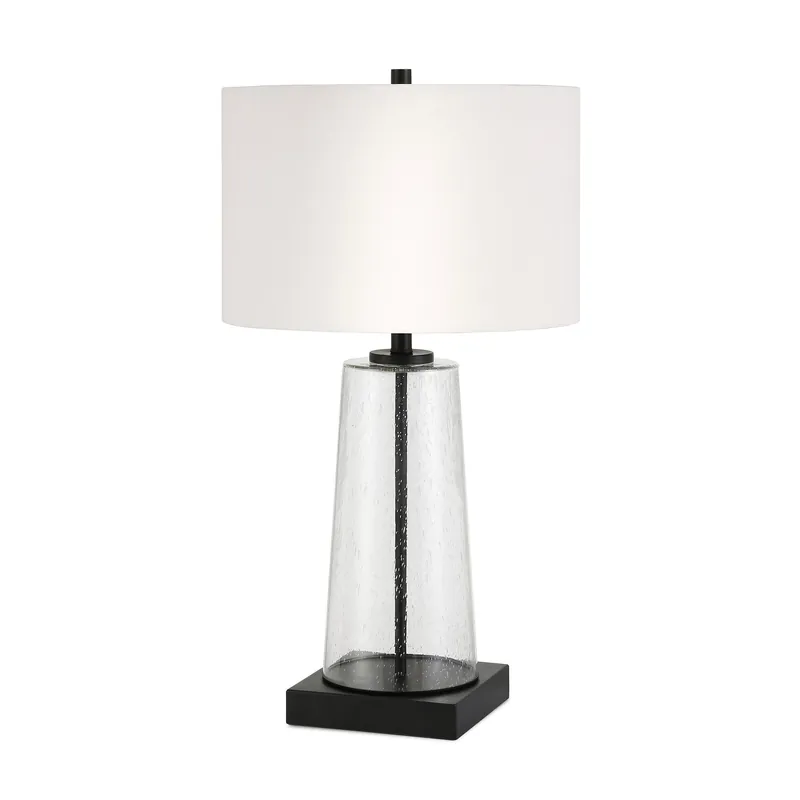 Black and Clear Metal and Glass Table Lamp With White Drum Shade By Ho Warranty Included