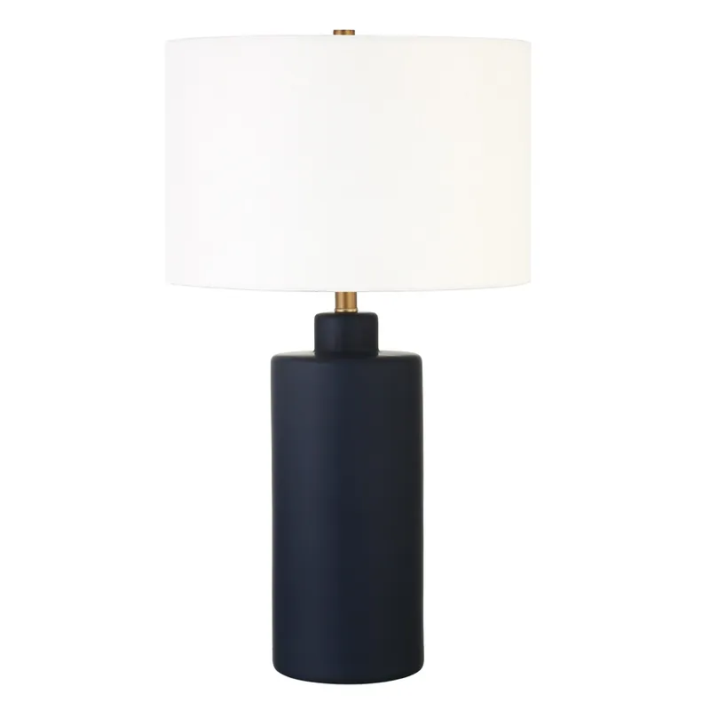 Reduced Price Navy Blue Ceramic Cylinder Table Lamp With White Drum Shade By Homeroo
