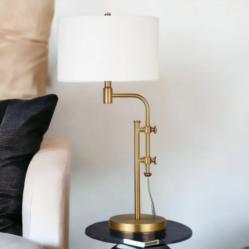 Brass Metal Adjustable Table Lamp With White Drum Shade By Homeroots While Supplies Last