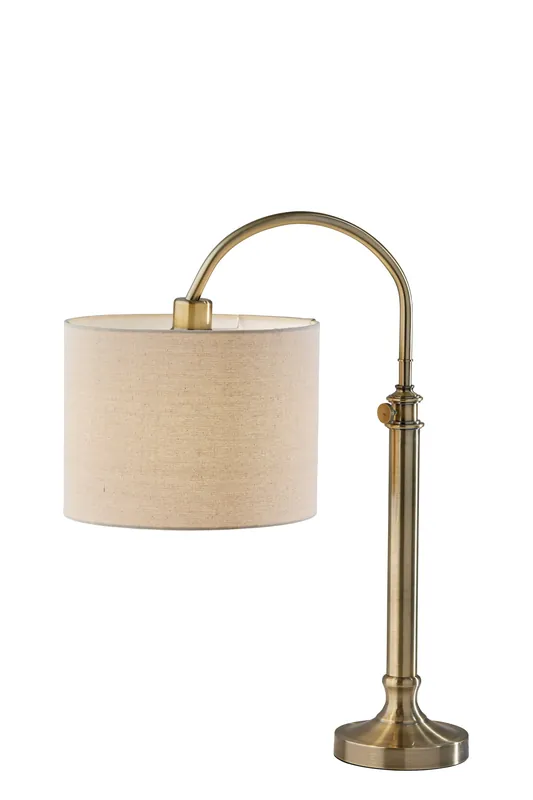 Low Price Antiqued Brass Metal Adjustable Arched Lamp With Beige Drum Shade By H