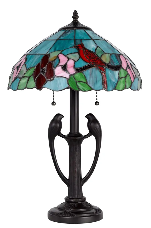 Holiday Sale Bronze Two Light Tiffany Table Lamp With Aqua and Red Floral Shade By