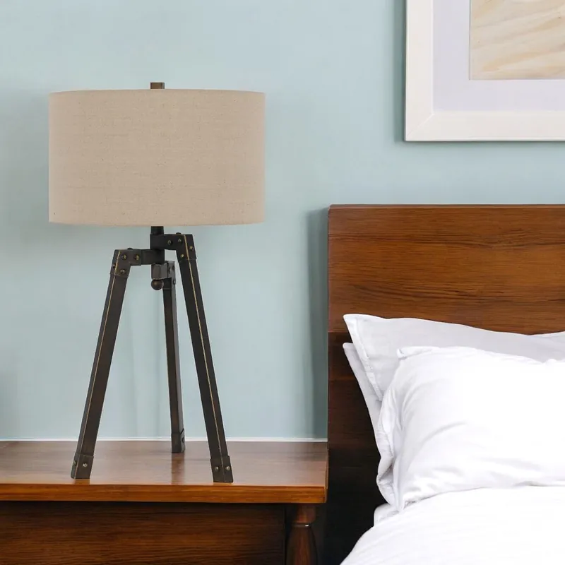Direct From Factory Charcoal Metal Tripod Table Lamp With Tan Drum Shade By Homeroots