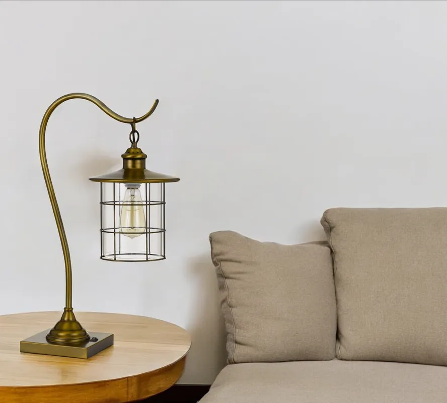 Antiqued Brass Metal Lantern Desk Lamp With Antiqued Brass Drum Shade Exclusive Offer