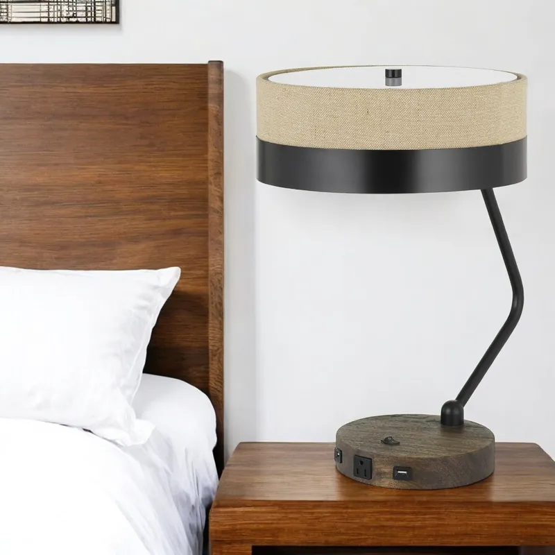 Final Sale Black And Brown Wood And Metal Two Light USB Table Lamp With Beige And