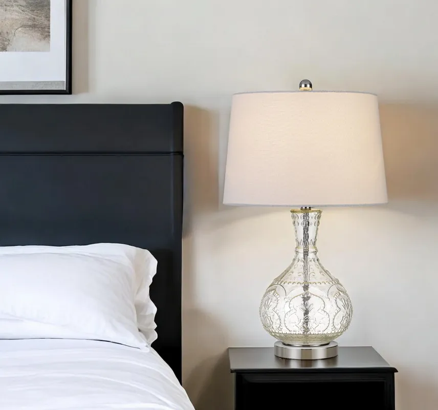 Warranty Included Clear Metal Round Table Lamp With White Shade By Homeroots