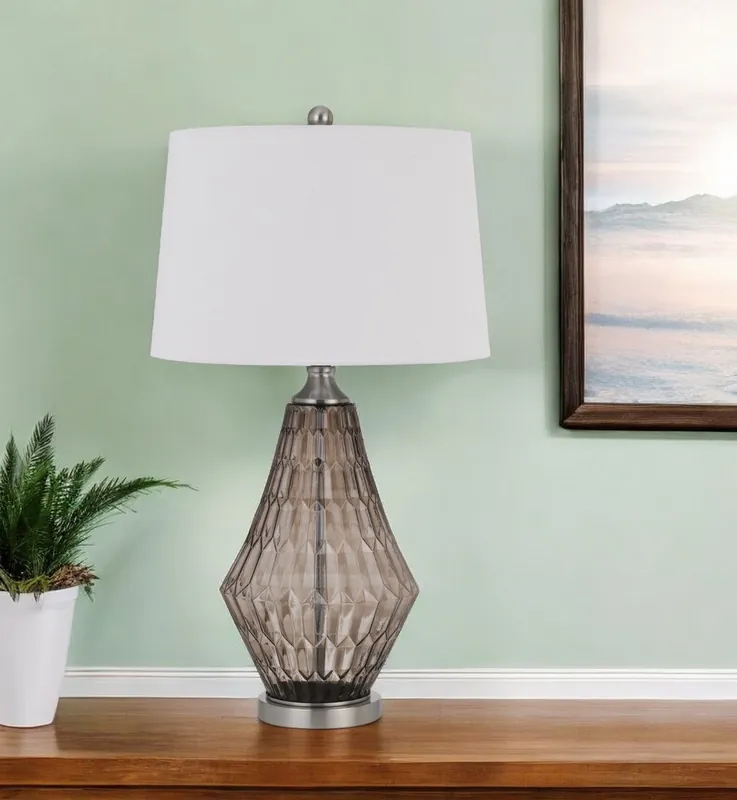 Best Seller Gray Metal Geometric Table Lamp With Off White Empire Shade By Homeroo