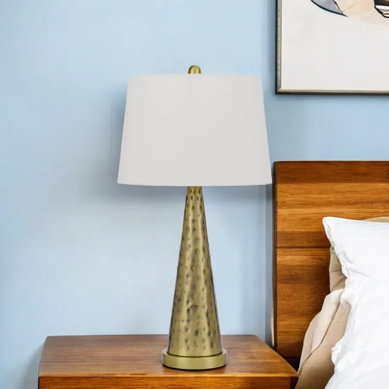 Hot Deal Antiqued Brass Metal Geometric Table Lamp With White Empire Shade By H