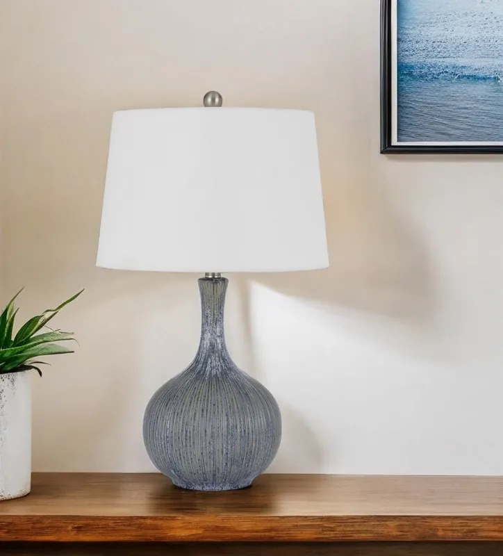 Premium Stone Ceramic Round Table Lamp With White Empire Shade By Homeroots
