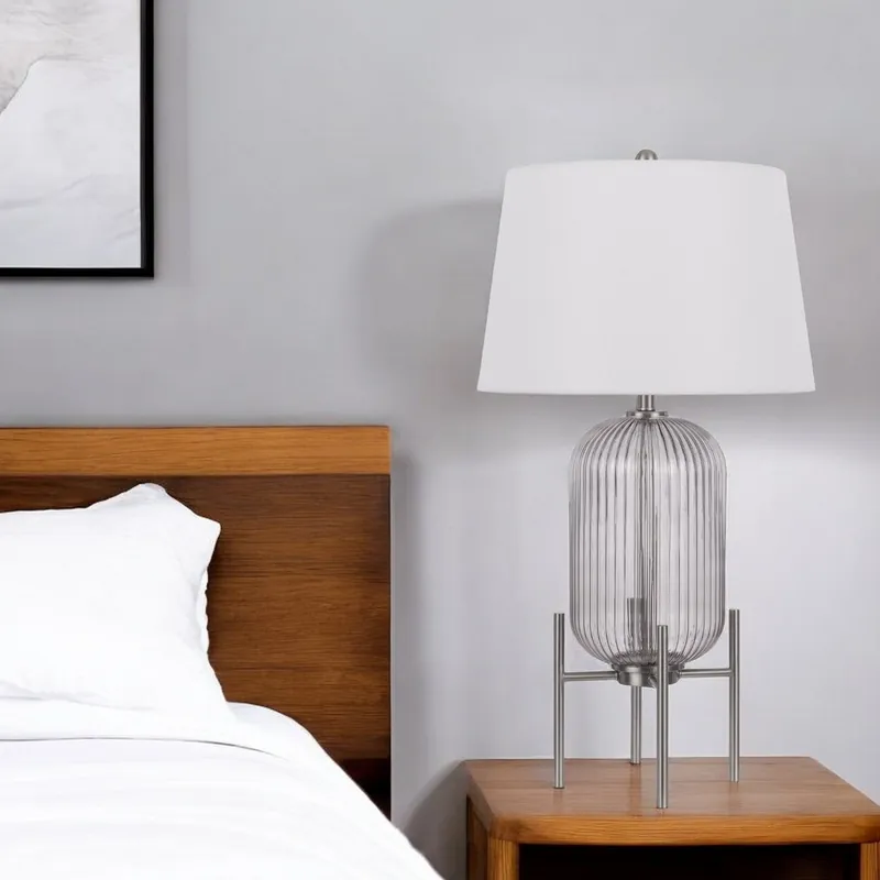 Nickel Glass Round Table Lamp With White Empire Shade By Homeroots High Quality