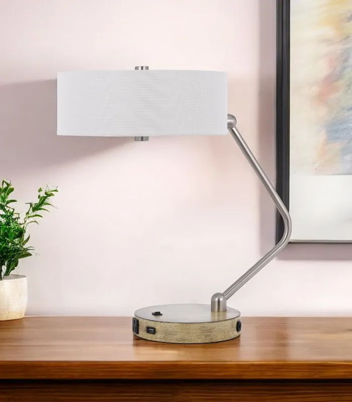 Brown Metal Two Light Lantern Desk USB Table Lamp With White Drum Shad Direct From Factory