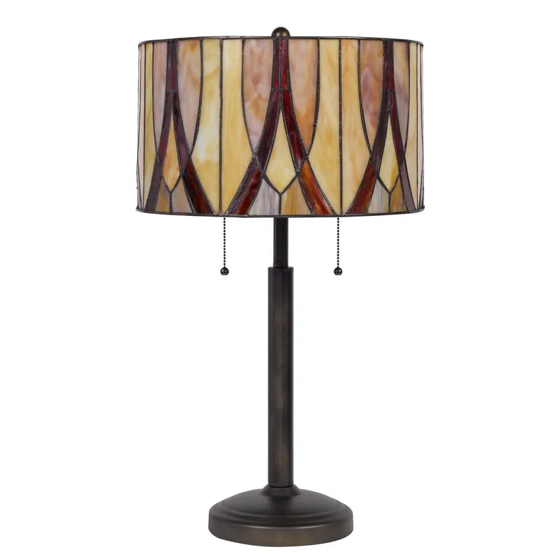 Original Bronze Metal Two Light Table Lamp With Red And Ivory Drum Shade By Hom