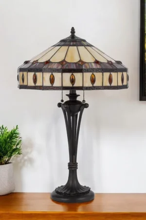 Worldwide Shipping Black Metal Two Light Candlestick Table Lamp With Ivory and Red Dome S