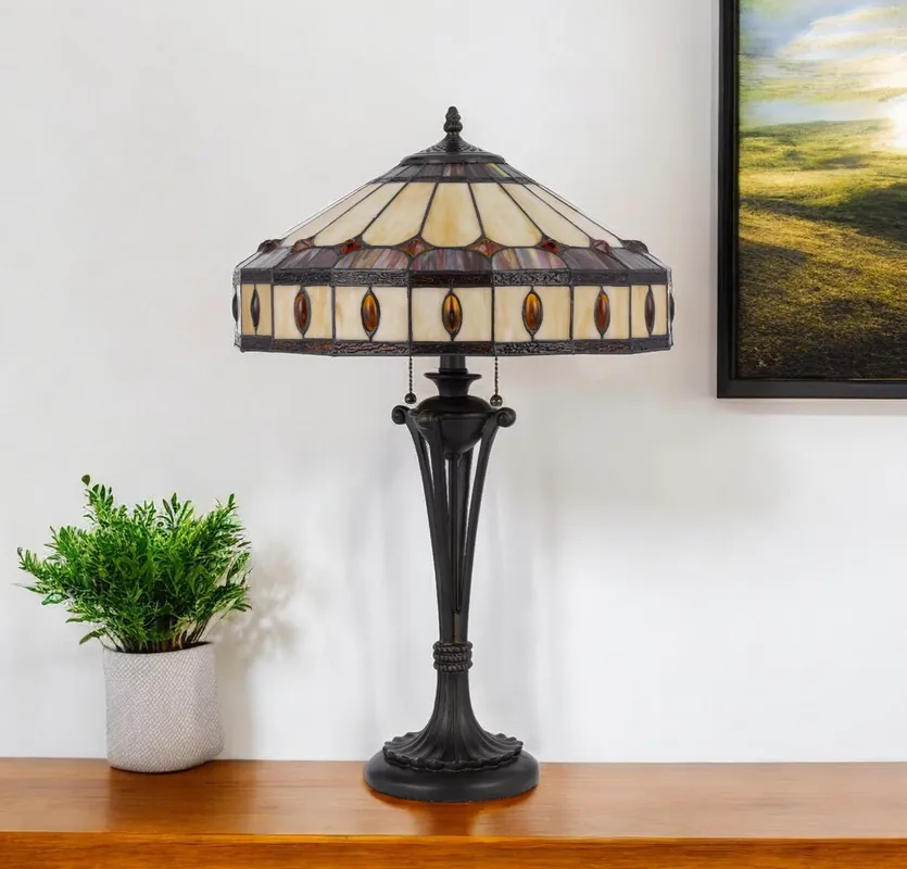 Worldwide Shipping Black Metal Two Light Candlestick Table Lamp With Ivory and Red Dome S