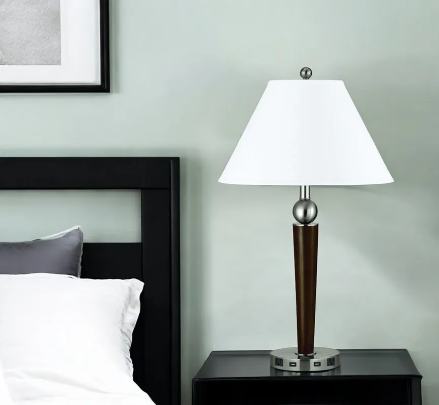 Nickel Metal Geometric USB Table Lamp With White Empire Shade By Homer Must Have