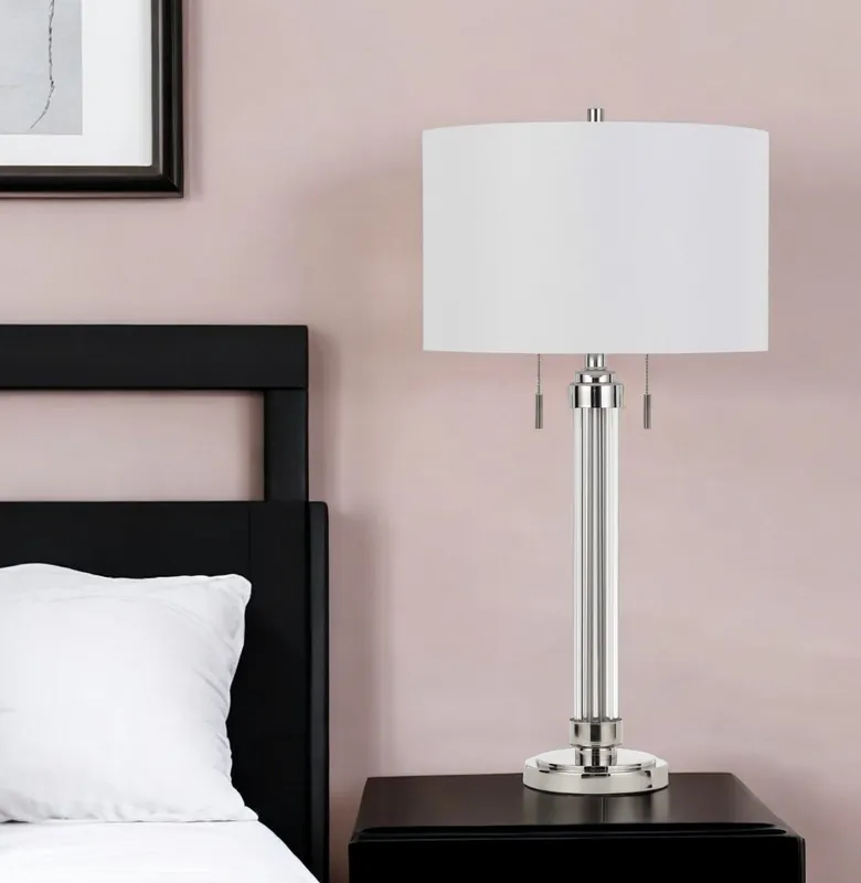 Silver Metallic Metal Two Light Cylinder Table Lamp With White Drum Sh Cheap