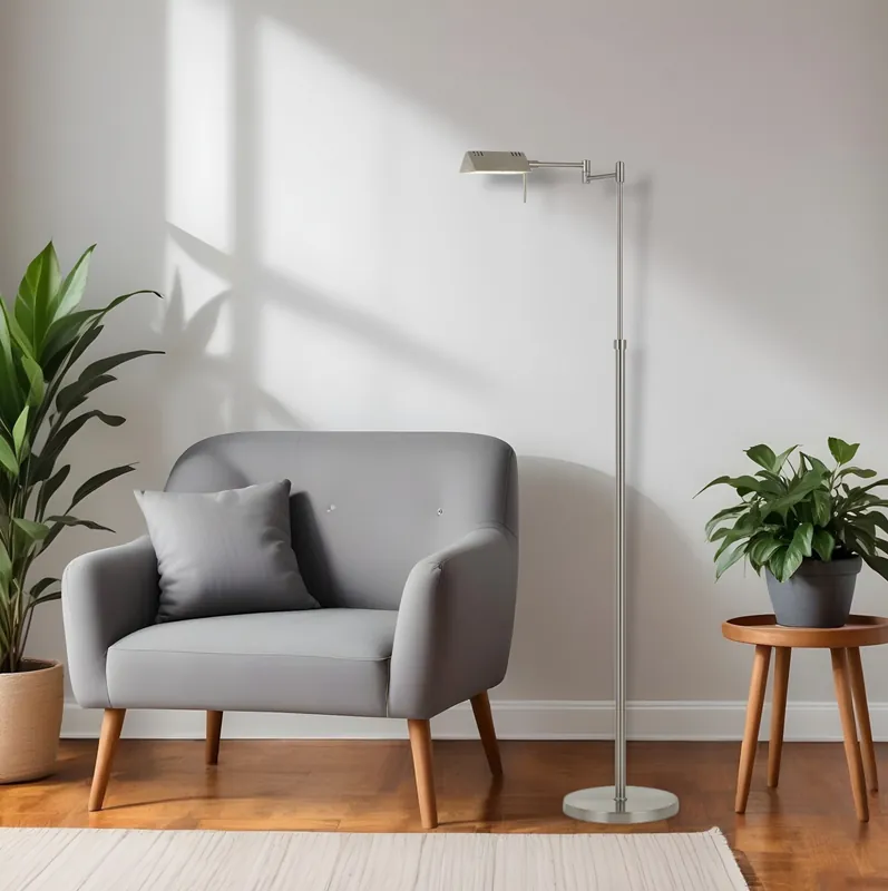 Limited Edition Nickel Metal Adjustable Swing Arm Floor Lamp With Gray Shade By Homero