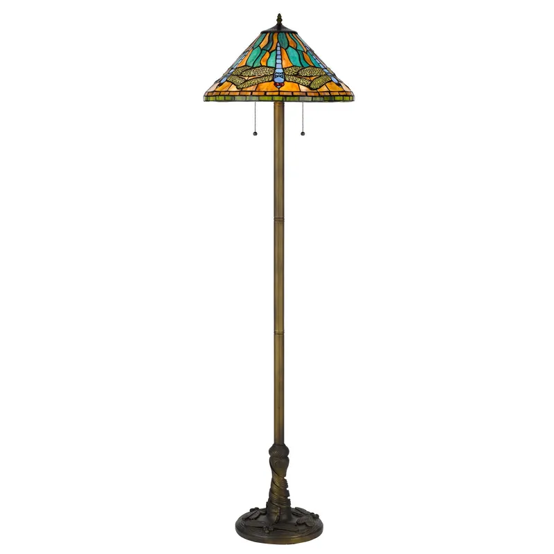 Brass Two Light Traditional Shaped Floor Lamp With Blue and Orange Dra Next Day Delivery