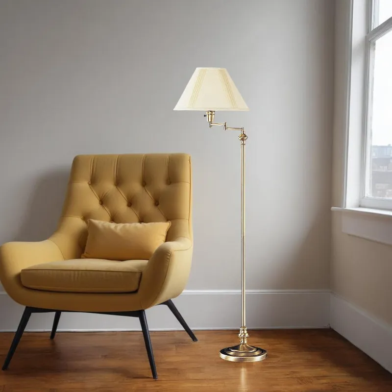 Editor’s Pick Bronze Metal Swing Arm Floor Lamp With Beige Fabric Empire Shade By Ho
