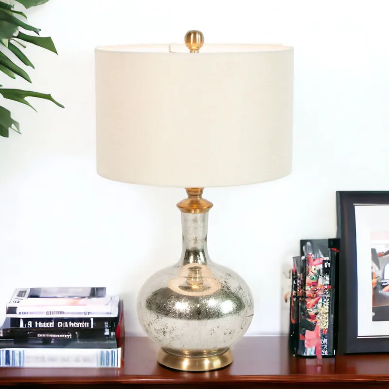 Silver Metallic Glass LED Table Lamp With Ivory Drum Shade By Homeroot In Demand
