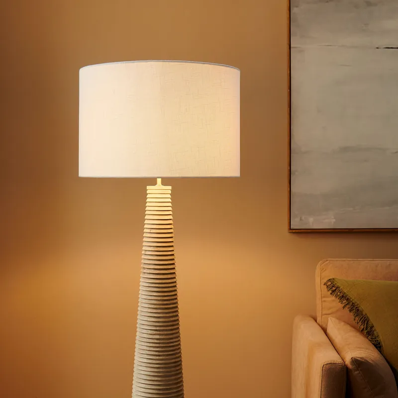 Next Day Delivery Saylor Carved Ribbed Wood Floor Lamp With Drum Shade by Modway
