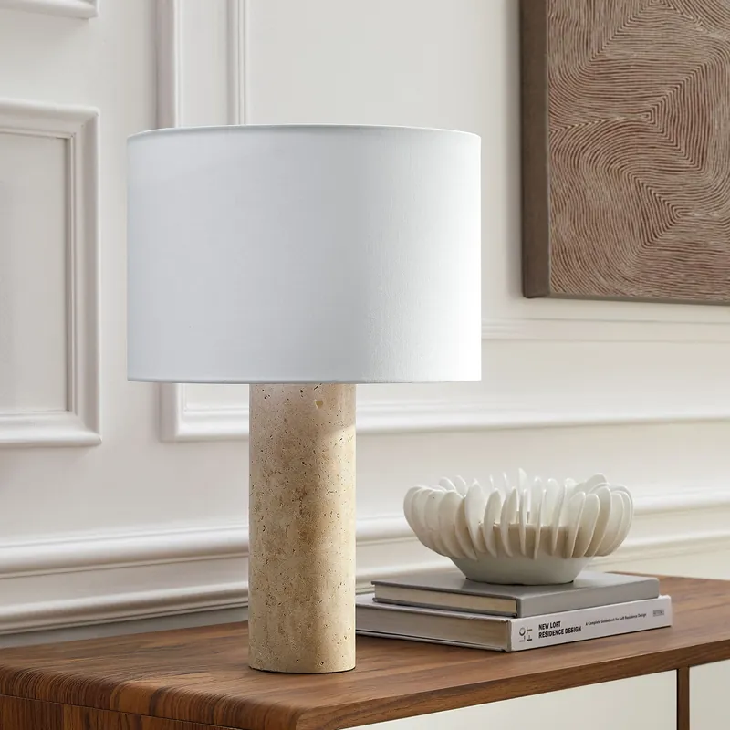 Markdown Zenith Travertine Table Lamp With Fabric Drum Shade by Modway