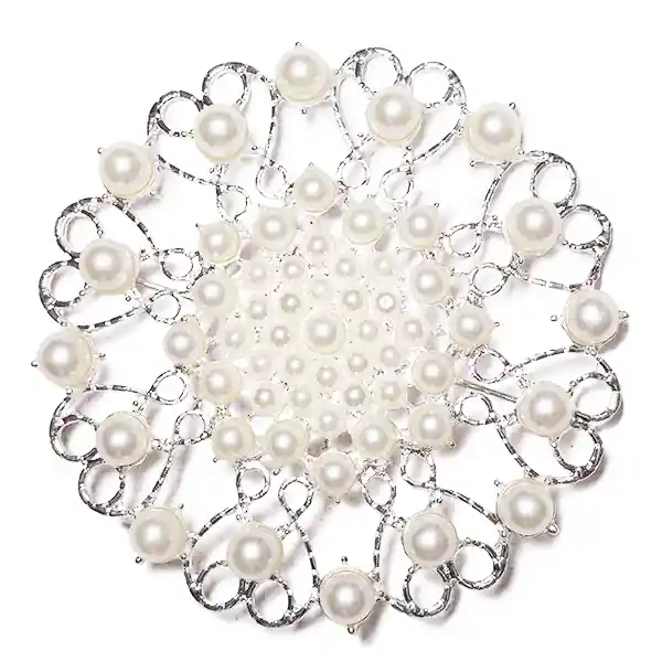 DecoStar™ JUMBO Round Ornate Pearl-Studded Brooch in Silver Handmade