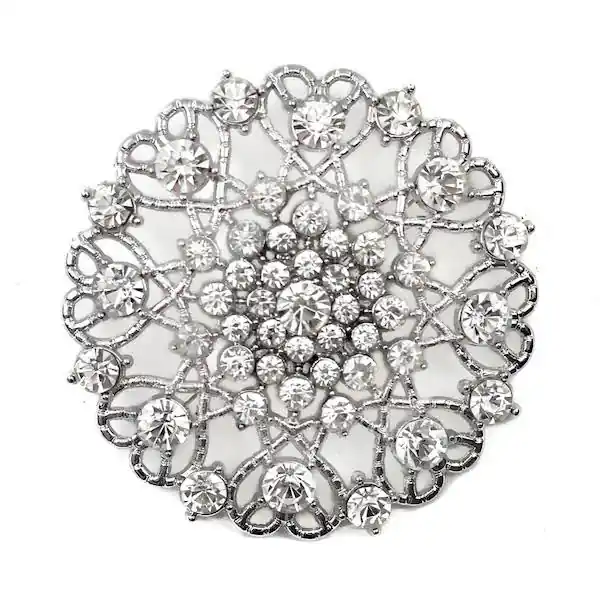 DecoStar™ Ornate Diamond-Encrusted Round Brooch in Silver Premium