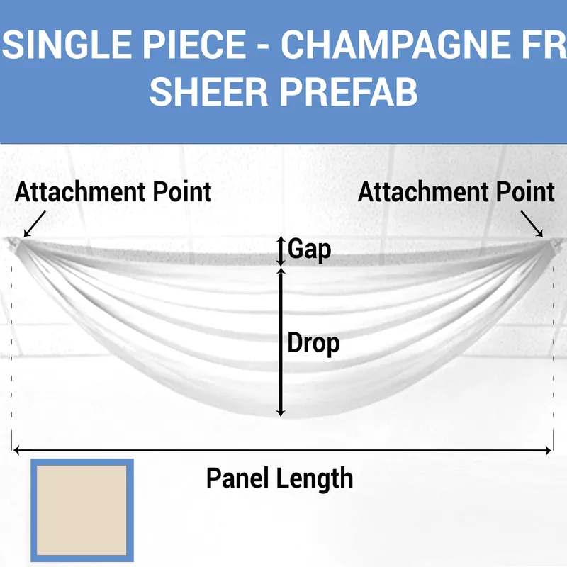 Single Piece -Champagne FR Sheer Prefabricated Ceiling Drape Panel - Choose Length and Drop! Affordable