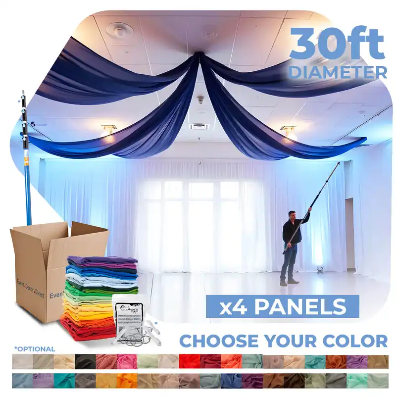 Brand New 4 Panel Kit - Prefabricated Complete Ceiling Drape Kit - 30ft Diameter - Select Drop, Fabric & Color!
