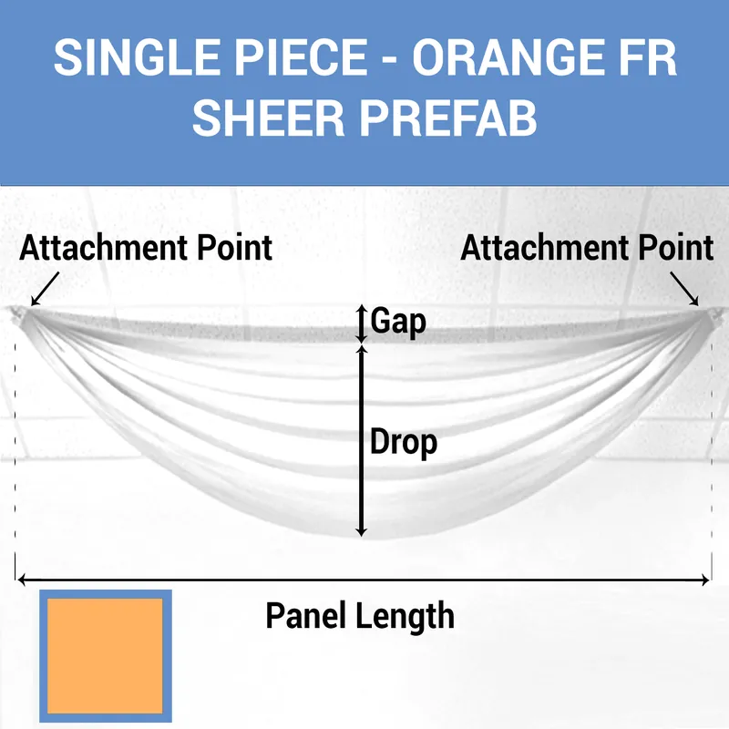 Affordable Single Piece -Orange FR Sheer Prefabricated Ceiling Drape Panel - Choose Length and Drop!