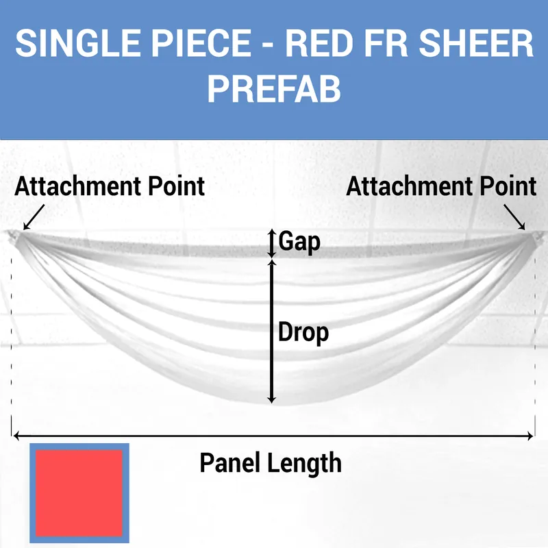 Single Piece -Red FR Sheer Prefabricated Ceiling Drape Panel - Choose Length and Drop! Seasonal Sale