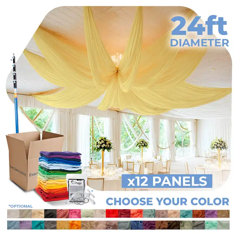Top Pick 12 Panel Kit - Prefabricated Complete Ceiling Drape Kit - 24ft Diameter - Select Drop, Fabric & Color!