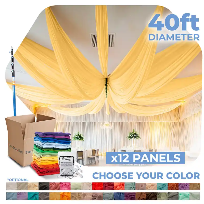 12 Panel Kit - Prefabricated Complete Ceiling Drape Kit - 40ft Diameter - Select Drop, Fabric & Color! Buy Today