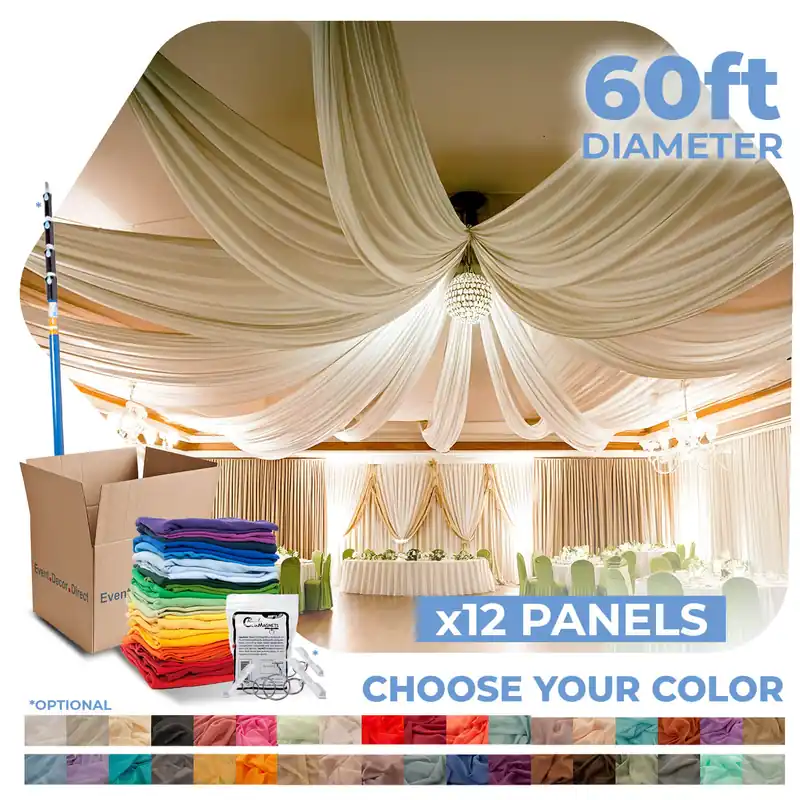 Mega Sale 12 Panel Kit - Prefabricated Complete Ceiling Drape Kit - 60ft Diameter - Select Drop, Fabric & Color!