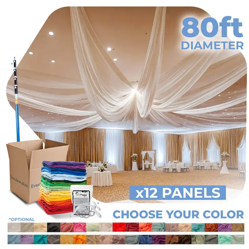 Limited Time 12 Panel Kit - Prefabricated Complete Ceiling Drape Kit - 80ft Diameter - Select Drop, Fabric & Color!
