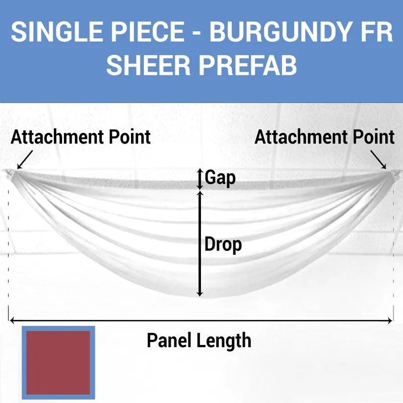 Single Piece -Burgundy FR Sheer Prefabricated Ceiling Drape Panel - Choose Length and Drop! Professional Grade