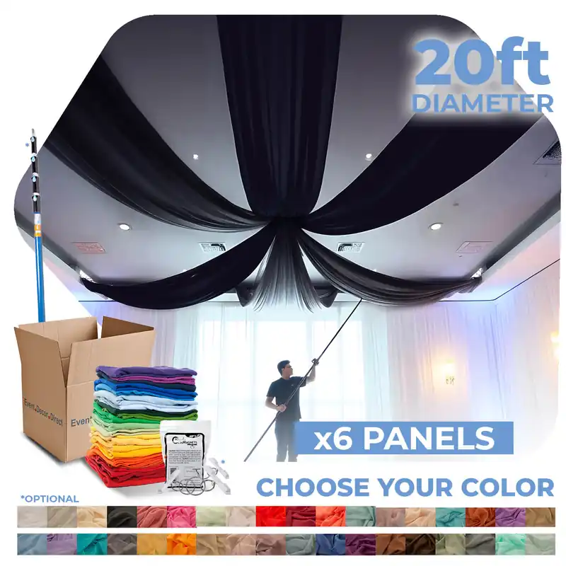 Secure Checkout 6 Panel Kit - Prefabricated Complete Ceiling Drape Kit - 20ft Diameter - Select Drop, Fabric & Color!